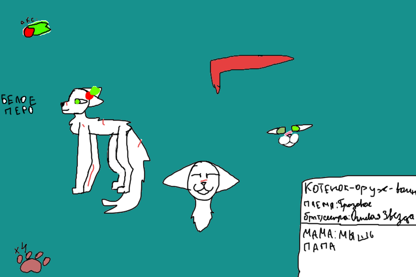 Белое перо, моя новая ос, <br />
Характер: добрая , дружелюбная, искренняя, слегка злая, не когда не бросит в беде, очень хорошая подруга <br />
Окрас: Вся белая есть пару царапин которых она получила в схватке с речным племеним, зеленены глаза один темный другой светлый