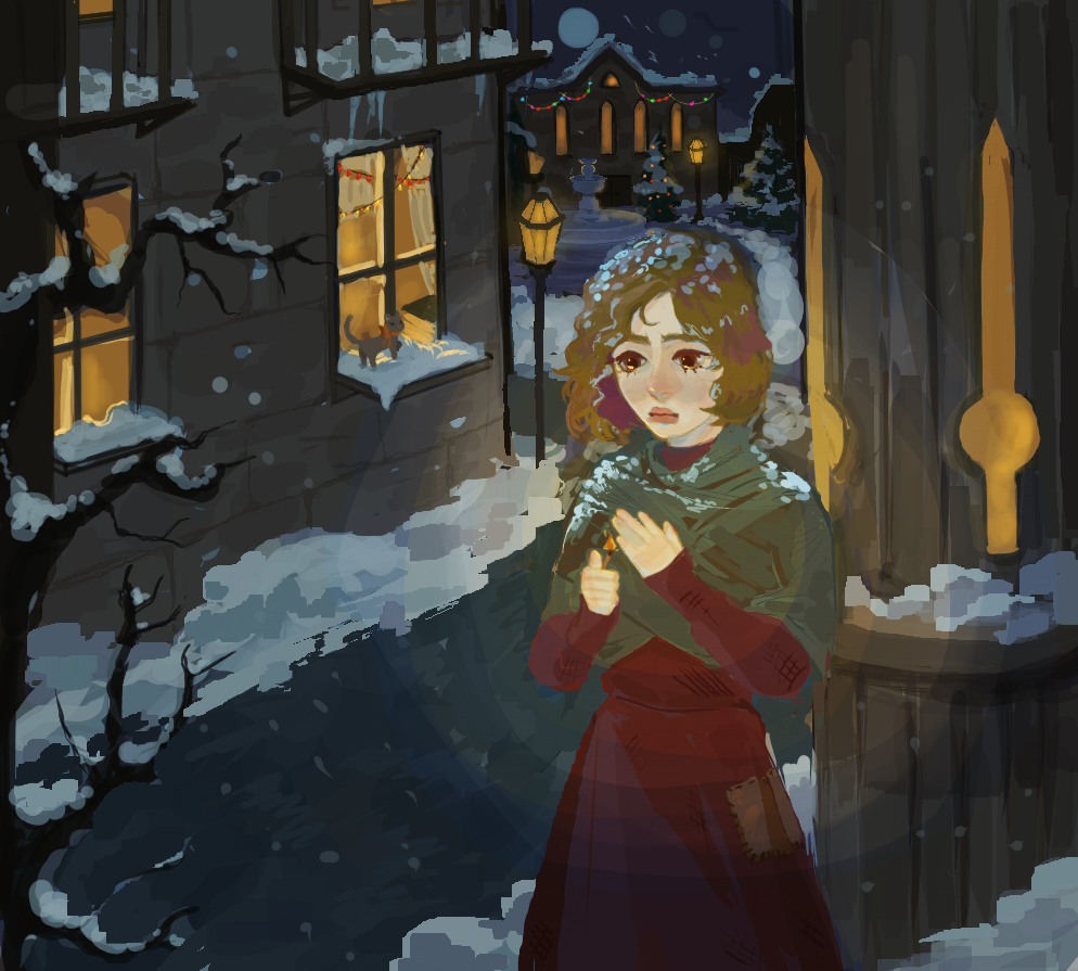 «Удивительная свечка! Девочке почудилось, будто она сидит перед большой железной печью<br />
с блестящими медными шариками и заслонками. Как славно пылает в ней огонь, каким теплом от него веет!»