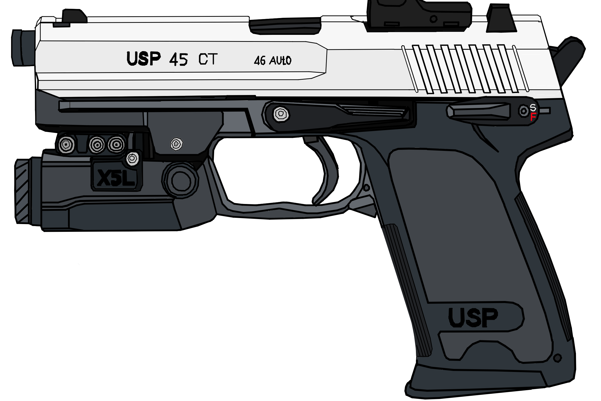 Heckler & Koch USP (нем. Universale Selbstlade Pistole) — универсальный самозарядный пистолет, разработанный немецкой компанией Heckler & Koch. Впервые представлен в 1993 году. Предназначен для вооружения полиции и армии. На настоящий момент HK USP выпускается под патроны: .40 S&W, 9×19 мм Парабеллум и .45 ACP. Отличается высокой живучестью и надёжностью, хорошей точностью стрельбы. Из недостатков можно отметить значительные размеры оружия, даже в компактном варианте, довольно высоко расположенный центр тяжести и массивный затвор, несколько затрудняющий скрытное ношение<br />
<br />
Владельцы о своих USP: «Впечатления хорошие. Пистолет сделан очень добротно, явно с расчётом на армию и полицию. В руку ложится очень плотно, такое впечатление что под неё и сделан, прицельные приспособления чётко видны. В то же время должен отметить, что носить Глок конечно легче, хотя может это просто с непривычки. Внешне USP производит более громоздкое впечатление. Очень высокая кучность при стрельбе дуплетом». «Очень прочный и потрясающе надежный пистолет. Выполнен в лучших немецких традициях по этим качествам. Но, к сожалению, сложен по конструкции, что опять же типично для немецкой оружейной школы. Тысячи патронов настрела и ни одной задержки. Стабильно работает с патронами разных марок, в том числе и дешевыми Wolf. Отличная точность. Знакомому не понравилась рукоятка, но для меня вполне удобна. Дизайн нравится не всем из-за его угловатости и массивного затвора-кожуха, но о вкусах не спорят. Качество отличное<br />
<br />
Характеристики:<br />
- Масса с пустым магазином: 0,748 кг (USP 9 мм)<br />
- Длина 194 мм (USP)<br />
- Длина ствола 108 мм (USP)<br />
- Патроны 9×19 мм Парабеллум, 357 SIG, 40 S&W, 45 ACP<br />
- Принцип работы отдача ствола при его коротком ходе<br />
- Скорострельность до 40 выстрелов в минуту<br />
- Начальная скорость пули 350 м/с (9 мм), 270 м/с (.45)<br />
- Прицельная дальность 50 метров, Максимальная дальность 100 метров<br />
- Вид боепитания магазинное: USP 15 патронов (9×19 мм), 13 патронов (.40), 12 патронов (.45)<br />