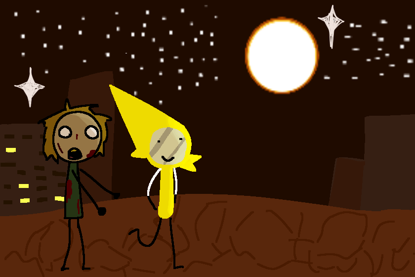 рисунок на конкурс дастика ф5. банан гуляет по калининградской области а за ним идёт зомби. зомби тут есть потому что я вспомнила как я в детстве боялась что на улице когда ночь появляются зомби как в майнкрафте