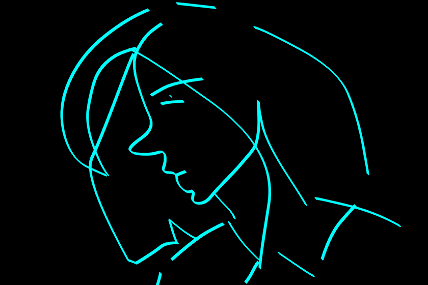 контур женского лица в профиль, выполненный неоново-голубыми линиями на чёрном фоне.