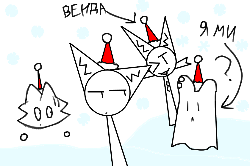 с новым годом и новые персы! появились Венда и Ями! Ями у нас заяц-призрак (у неё рук нету) А Венда у нас кошка. просто кошка как и Орзи и Мирзи (почему вся эта компашка почти в котах? :_) )