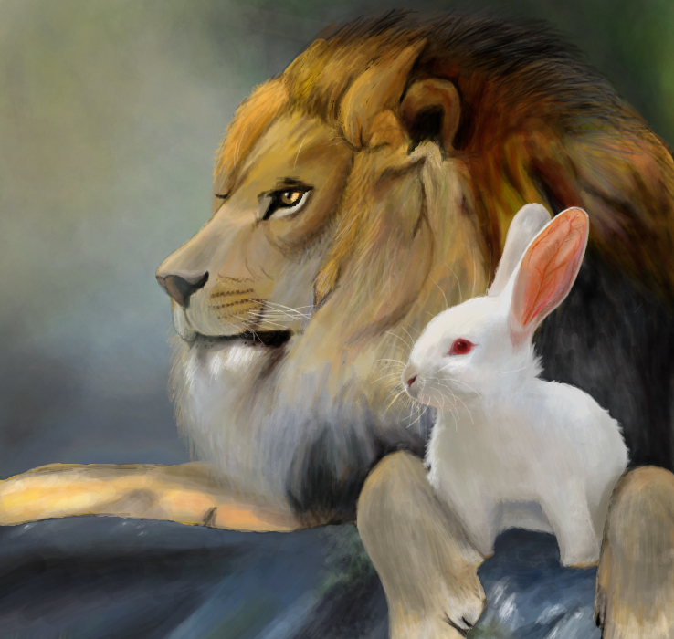 Лев и кролик сидят рядом. Картинка для Цири