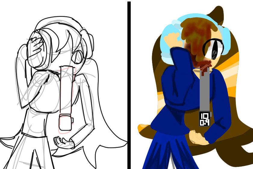 Странный скетч и внешний вид клона АБВ (Автор будущего времени), вернее её звали «Друг200», до «Друг800», тот самый клон, у которого пришит рот и потерян правый глаз, особенно держит наушники, так как она глухая