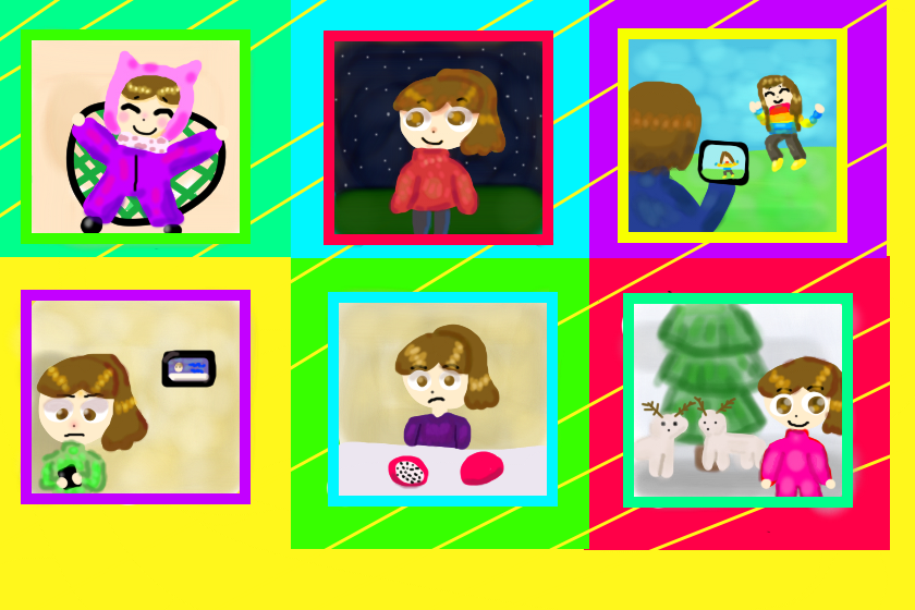 Несколько событий 2025 года<br />
Первая картинка:Мой день рождения в городе. Мы ходили по детским площадкам и я веселилась.<br />
Вторая картинка:Как-то раз ночью в деревне небо было чистое и там было видно много звёзд, и я вышла на улицу, чтобы посмотреть на звёзды.<br />
Третья картинка:Моя сестра фотографировала меня в деревне и мы дурачились.<br />
Четвёртая картинка:Мои родители включали какой-то фильм по телевизору в деревне, я отказывалась смотреть и писала истории в телефоне.<br />
Пятая картинка:Мы попробовали питахайю в городе, она оказалась безвкусной.<br />
Шестая картинка:В город пришли белые олени перед Новым Годом и я смотрела на них.